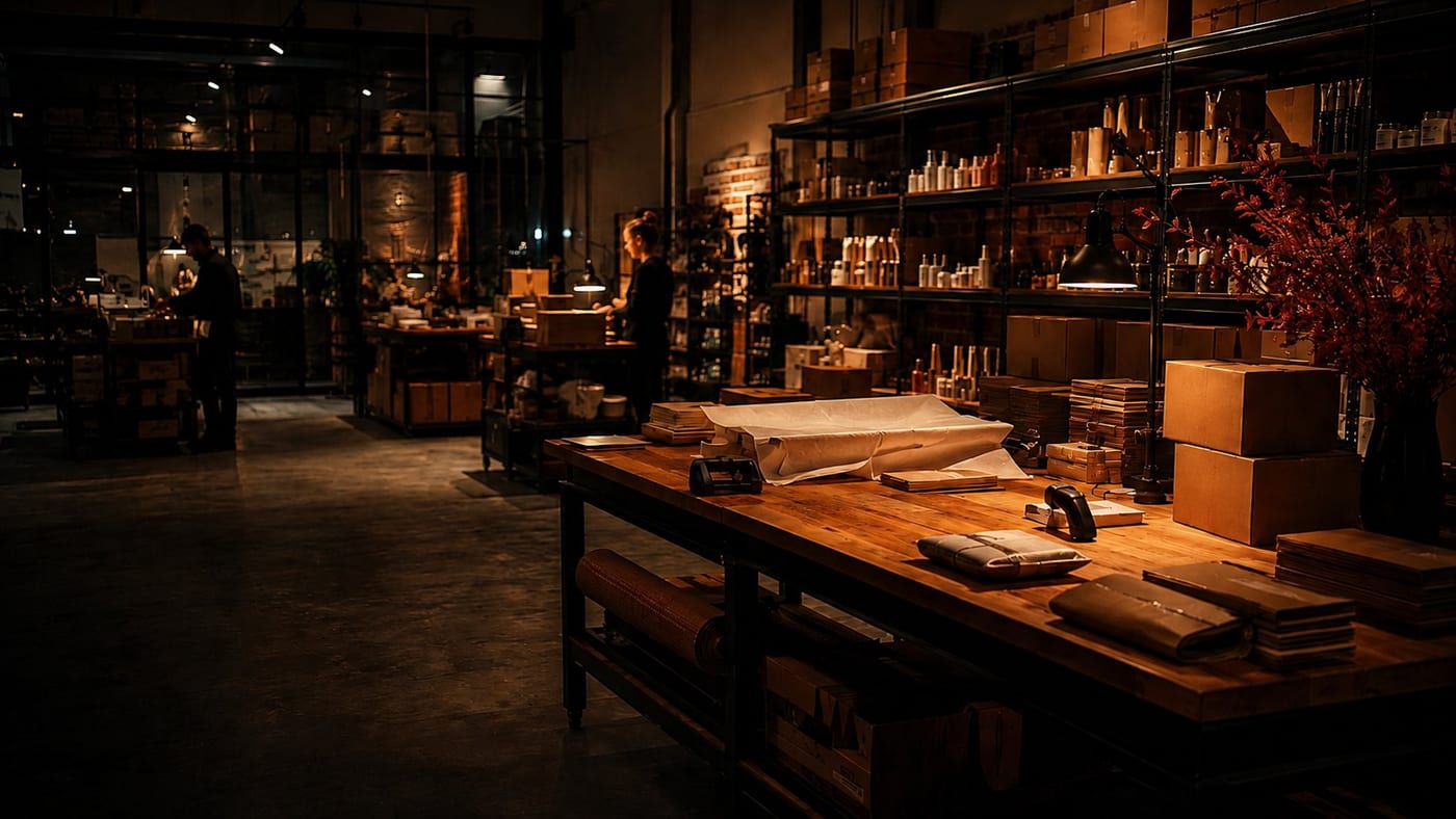 A warm-lit stockroom of shelves and packages, representing eCommerce marketing.