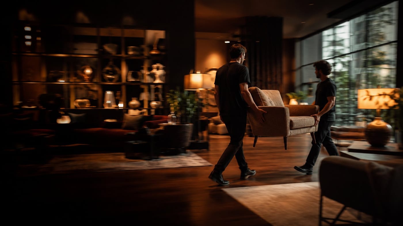 A warm, lamp-lit living room interior, representing home and lifestyle marketing.