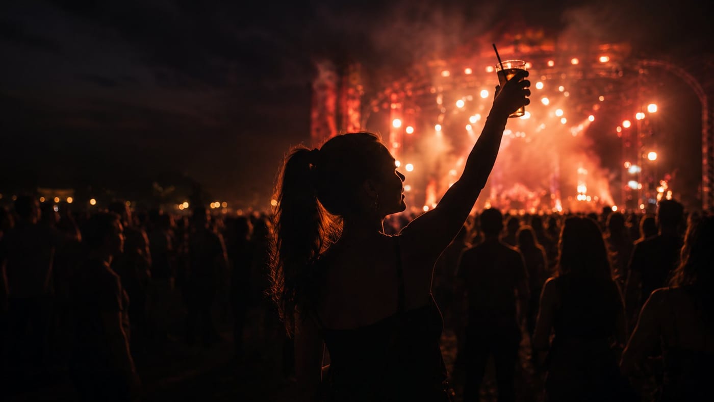 A live music crowd with raised hands lit by warm stage light, representing hospitality marketing.