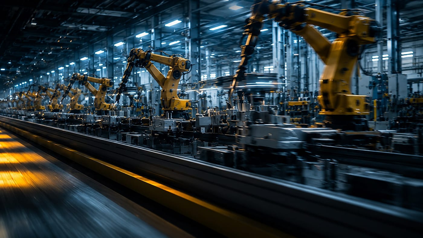 A robotic assembly line of yellow industrial robot arms on a cool-lit factory floor, with a warm light streak in the foreground, representing industrial and manufacturing marketing.