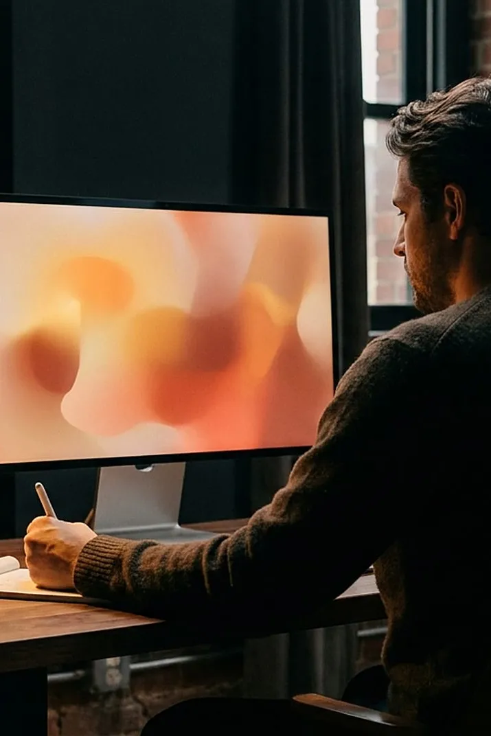 A brand designer composing an abstract brand colour palette on screen by warm lamplight at dusk.