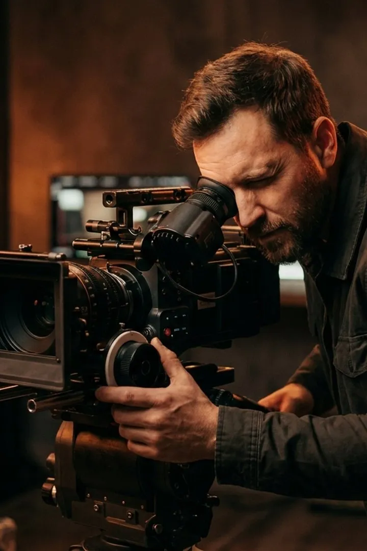 A videographer leans into a professional cinema camera mid-shoot in a dark studio lit by warm tungsten lamps.
