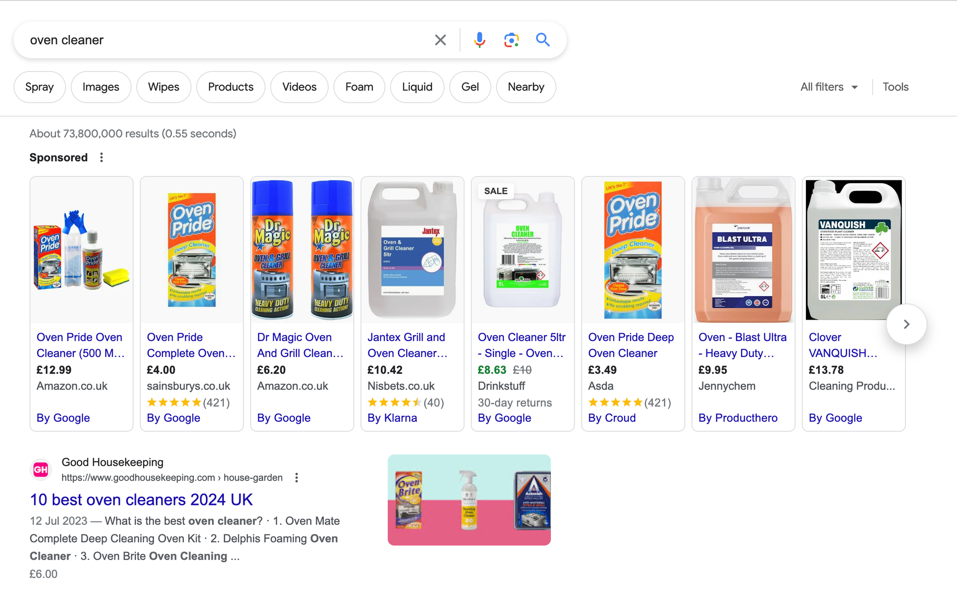 Search engine results page for oven cleaner