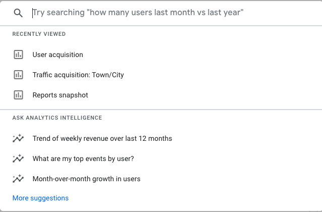 AI suggestions in Google Analytics search bar