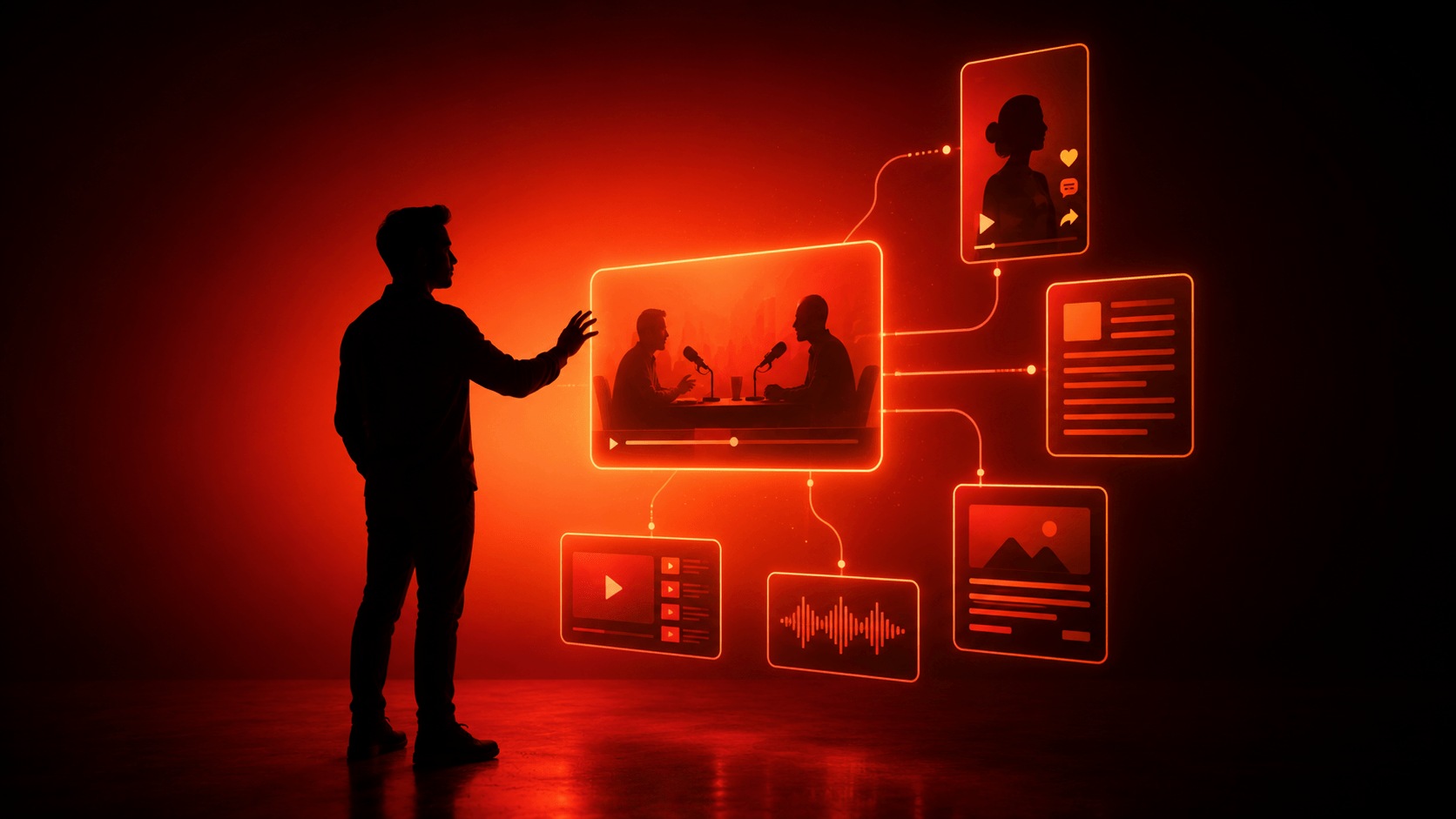 Illustration of one recorded interview branching out into a social clip, an article, a YouTube video, an audio waveform and a blog post.