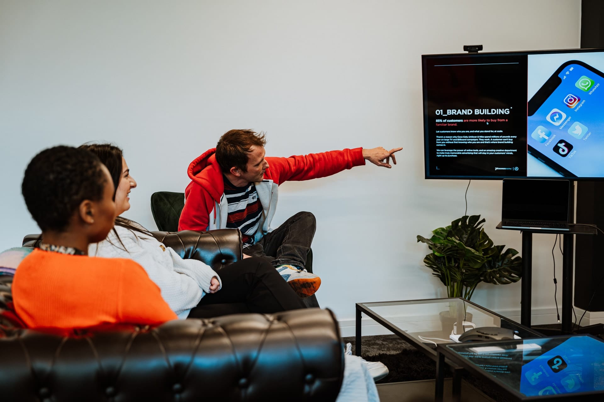 The 21 Degrees team in conversation at the Leeds studio, one team behind brand and performance.