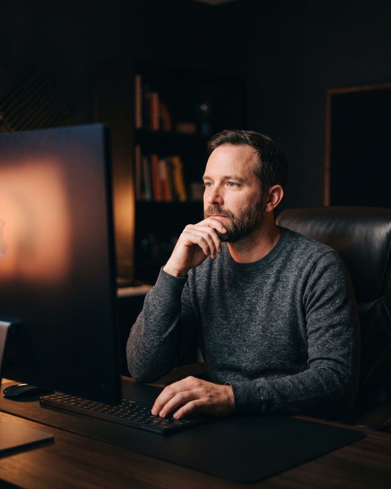 An analyst at a desk lit by a monitor in a dark warm studio