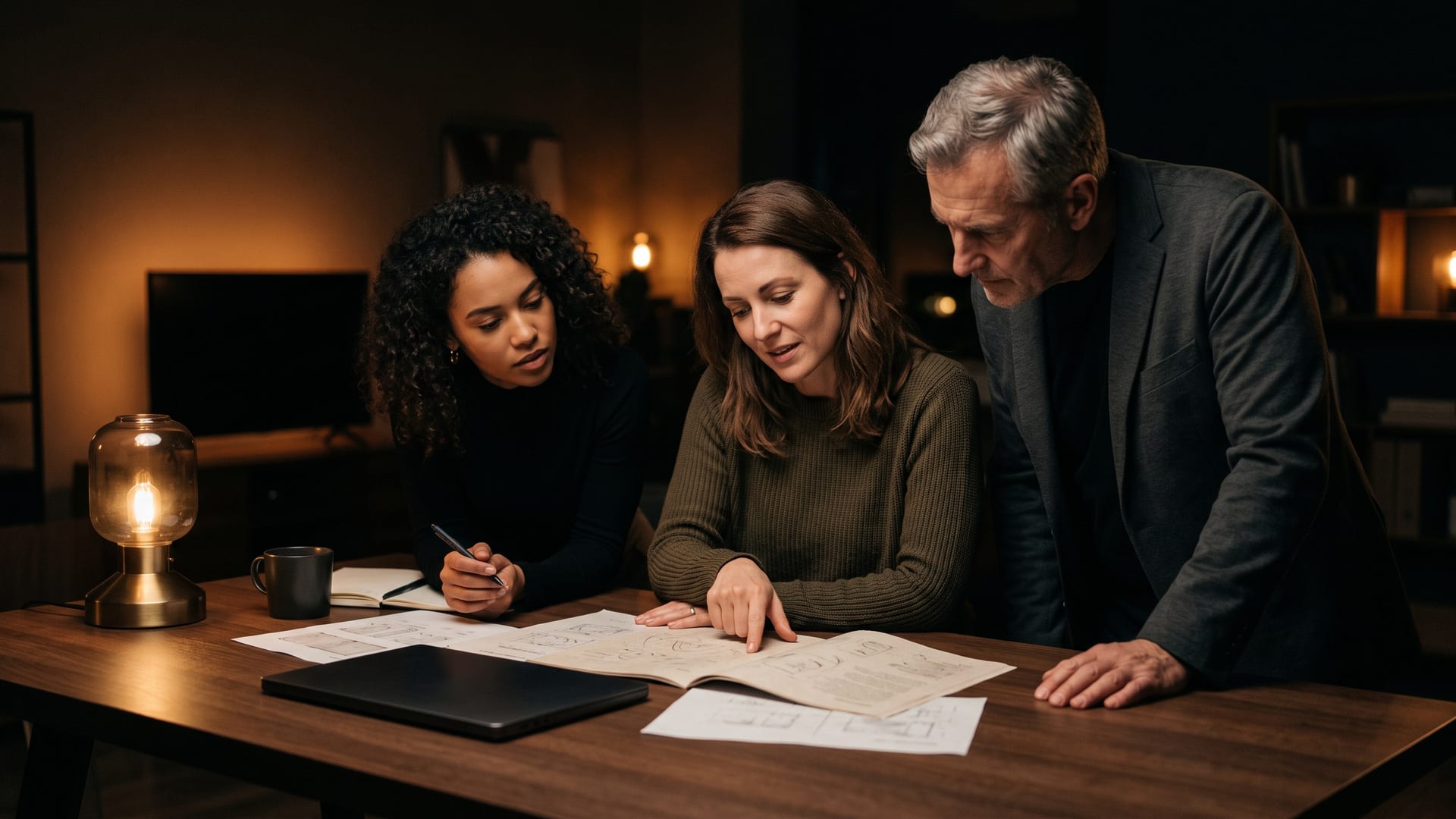 Three colleagues reviewing printed plans together at a desk in warm low light