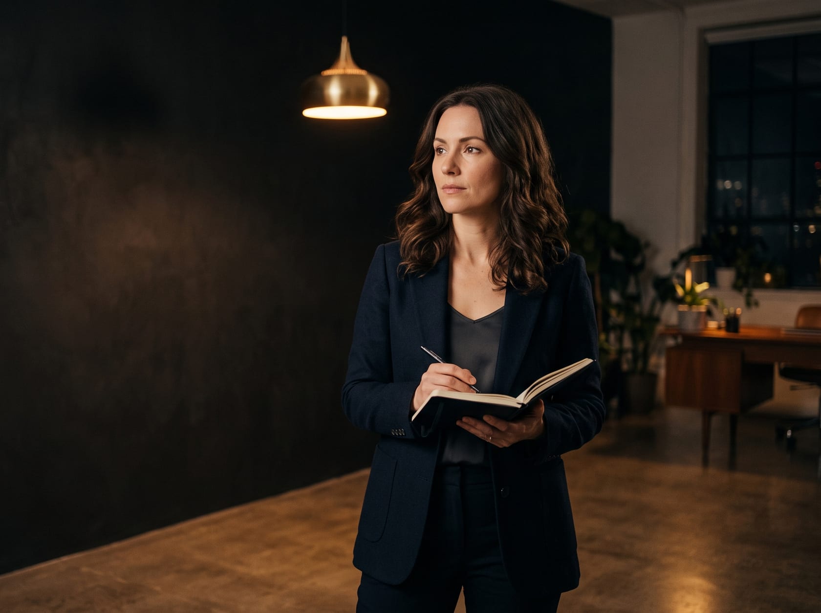 A search strategist with a notebook under a brass pendant lamp in a dark studio.