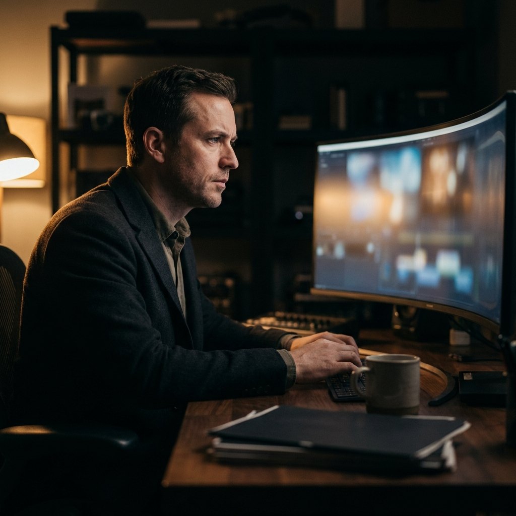 An editor reviewing press coverage on screen in a dark studio