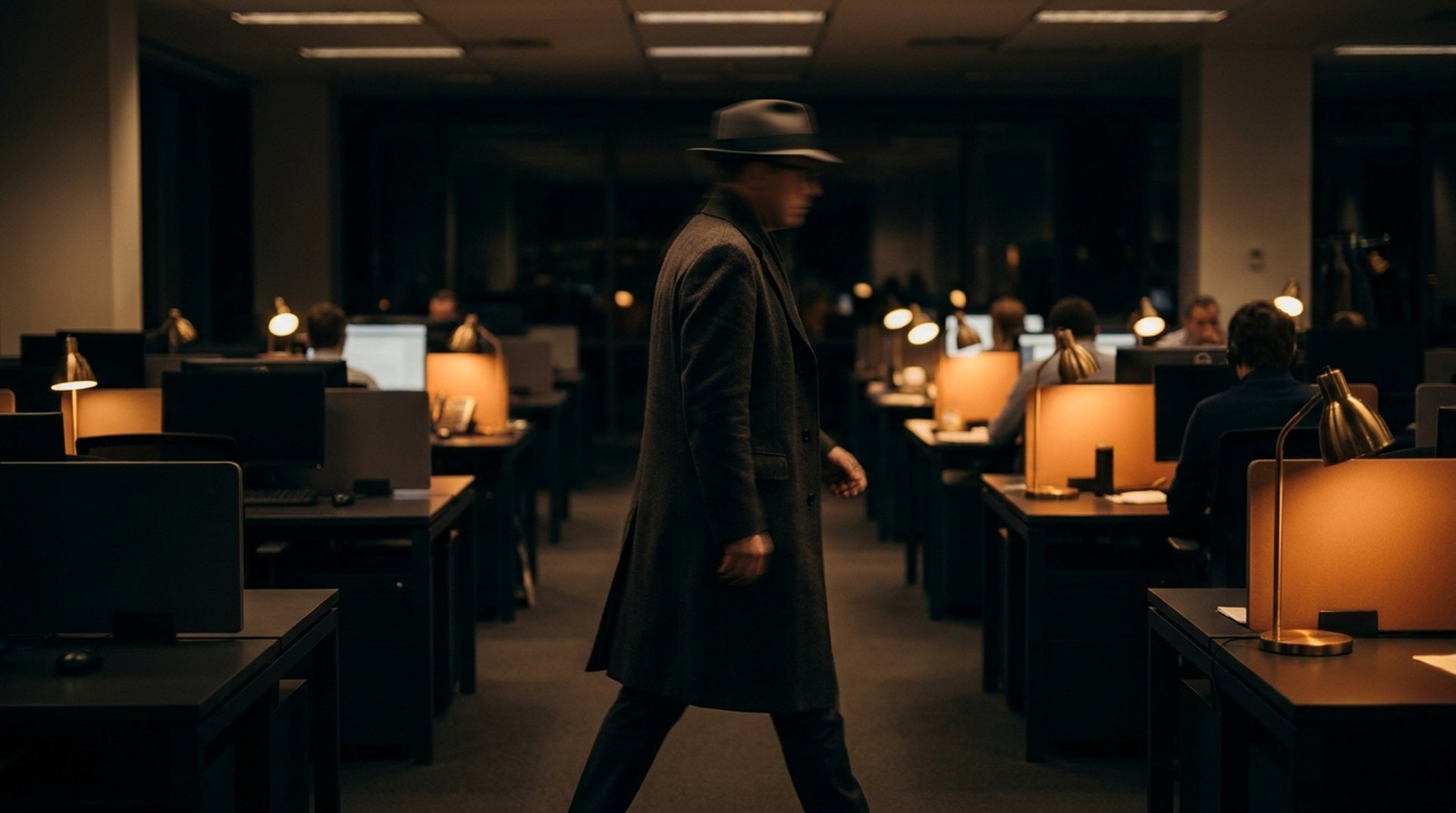 A reporter in a hat and coat walking through a newsroom lit by warm desk lamps.