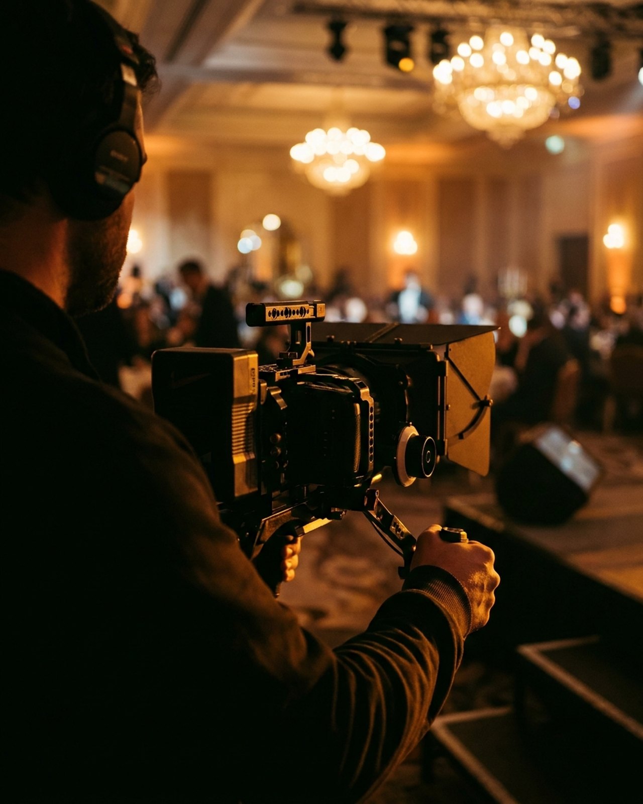 A camera operator working discreetly at the side of a busy event room.