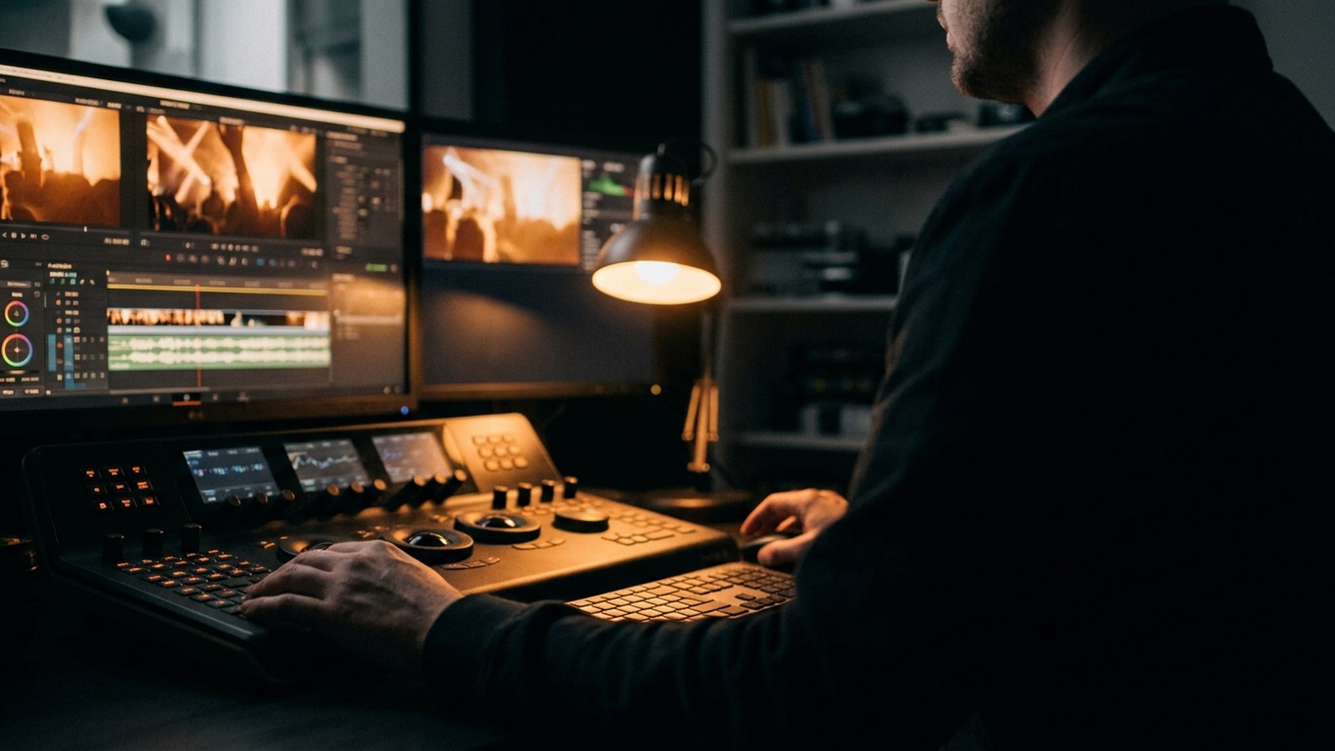 An edit suite with multi-screen event footage glowing in a dark room.