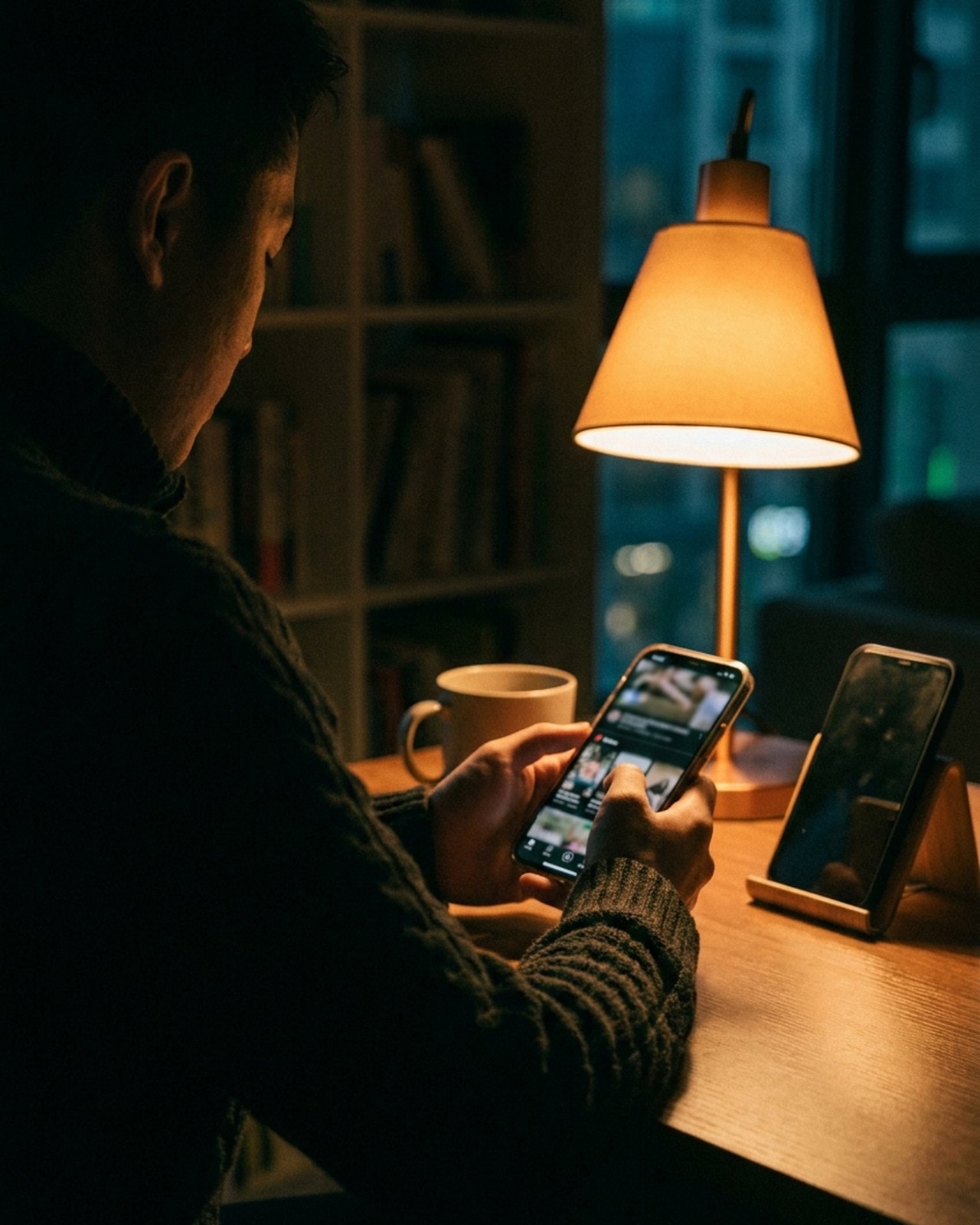 A marketer reviewing short-form social content on a phone in a studio at night