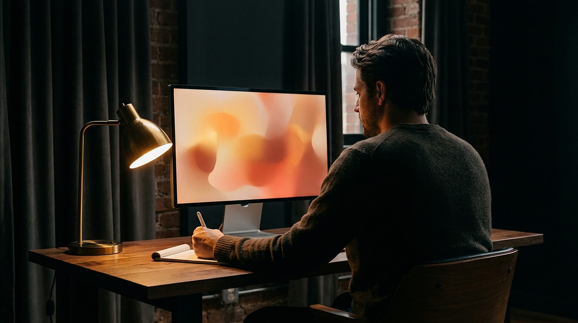 A brand designer composing an abstract brand colour palette on screen by warm lamplight at dusk.