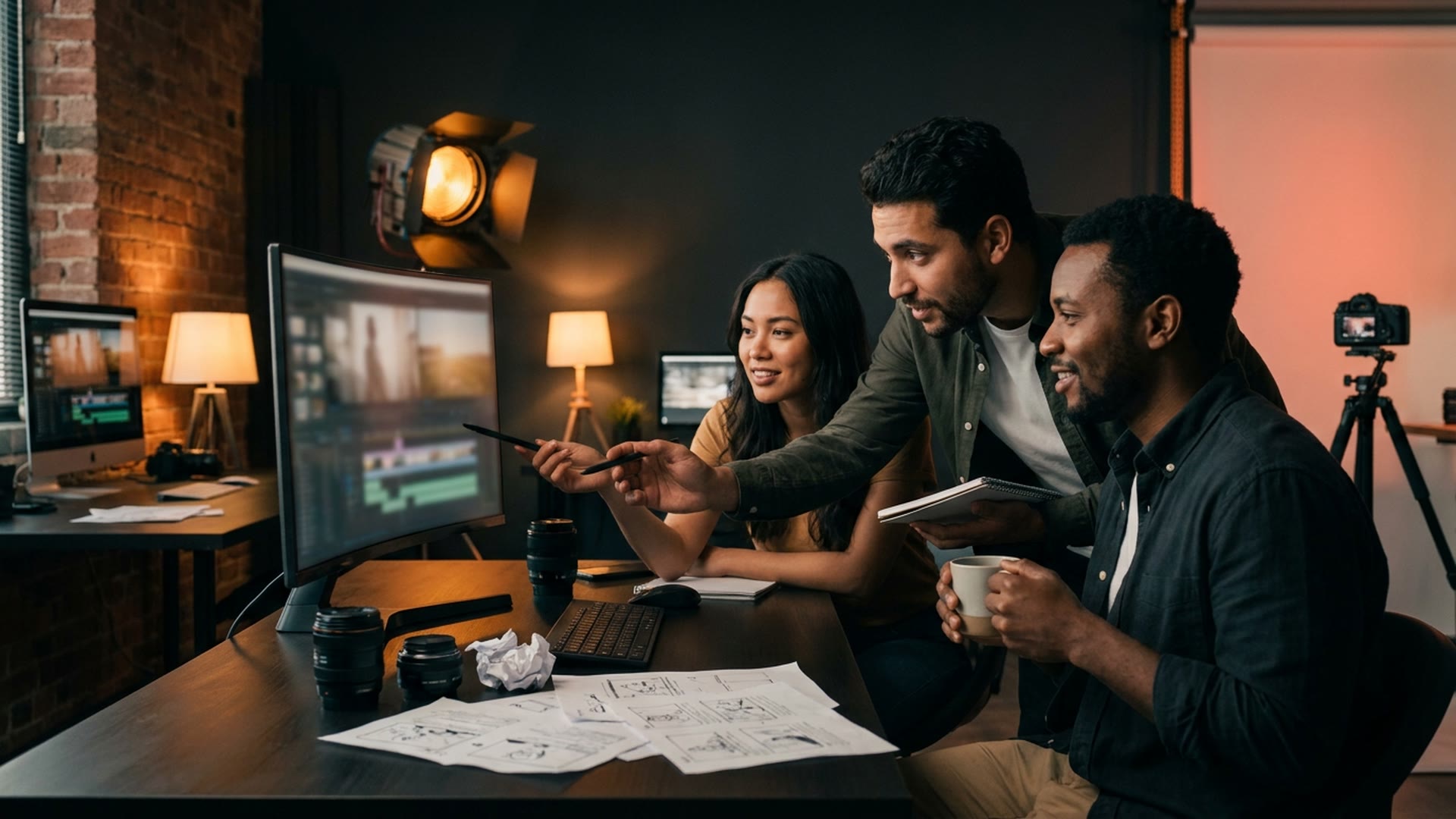 A content and creative team collaborating around a workspace in the warm-lit 21 Degrees Leeds studio