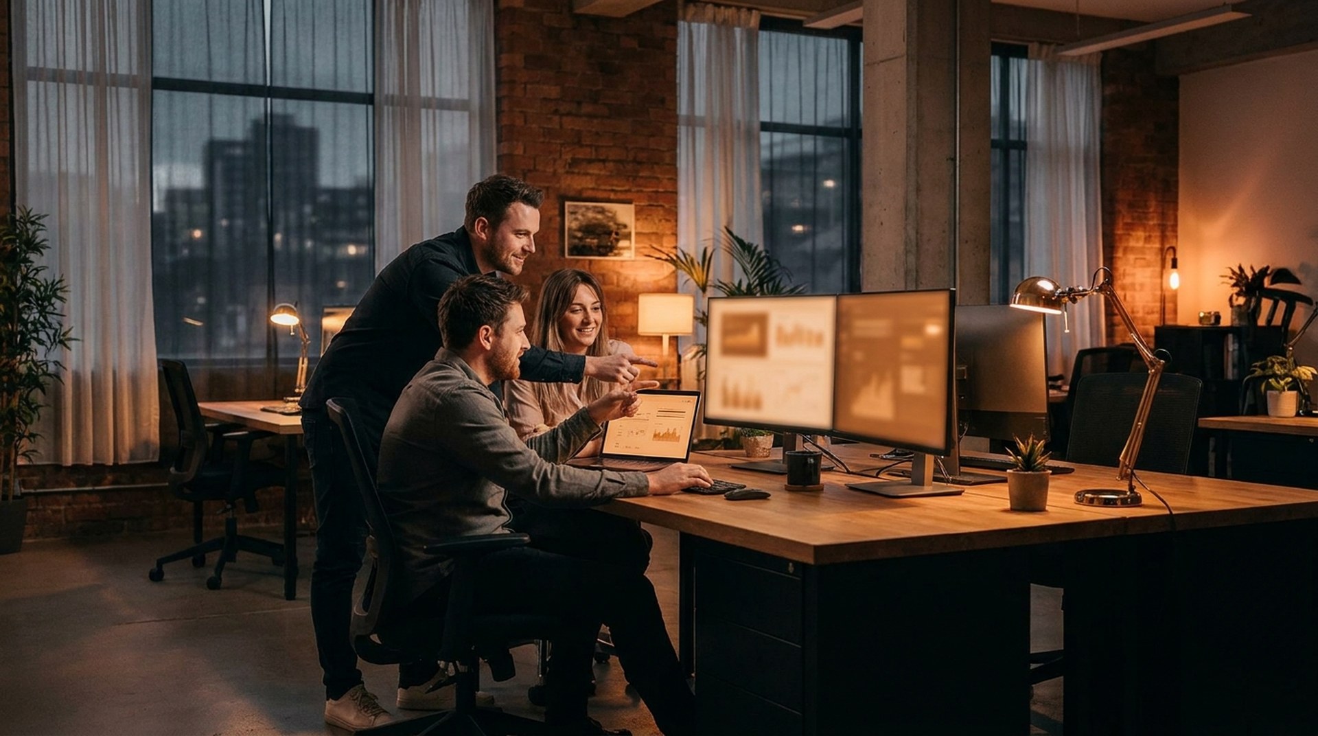 The 21 Degrees Digital team reviewing SEO and PPC dashboards together at a desk in a warm-lit studio.