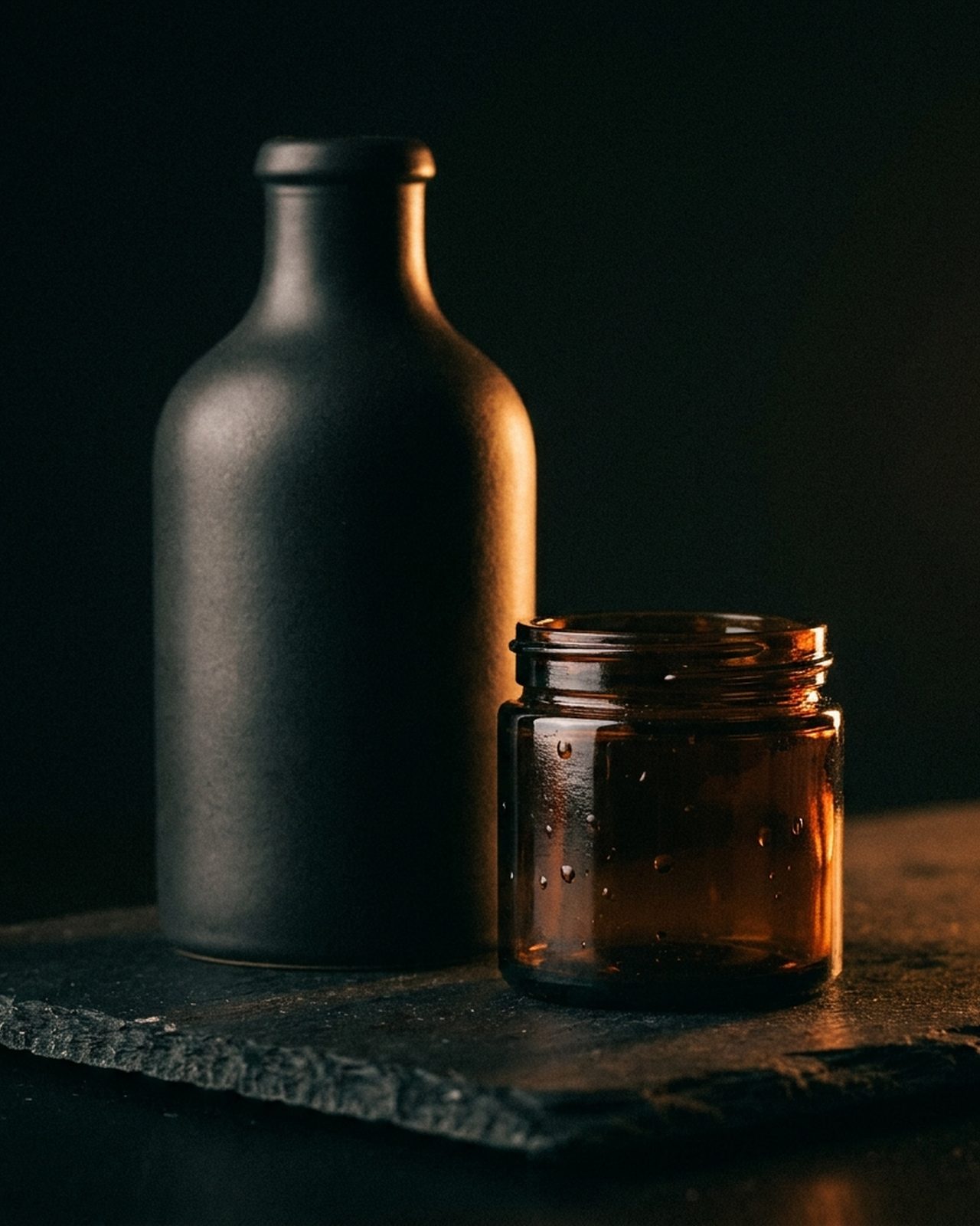 Macro detail of unbranded product packaging catching a warm rim light on a dark studio set