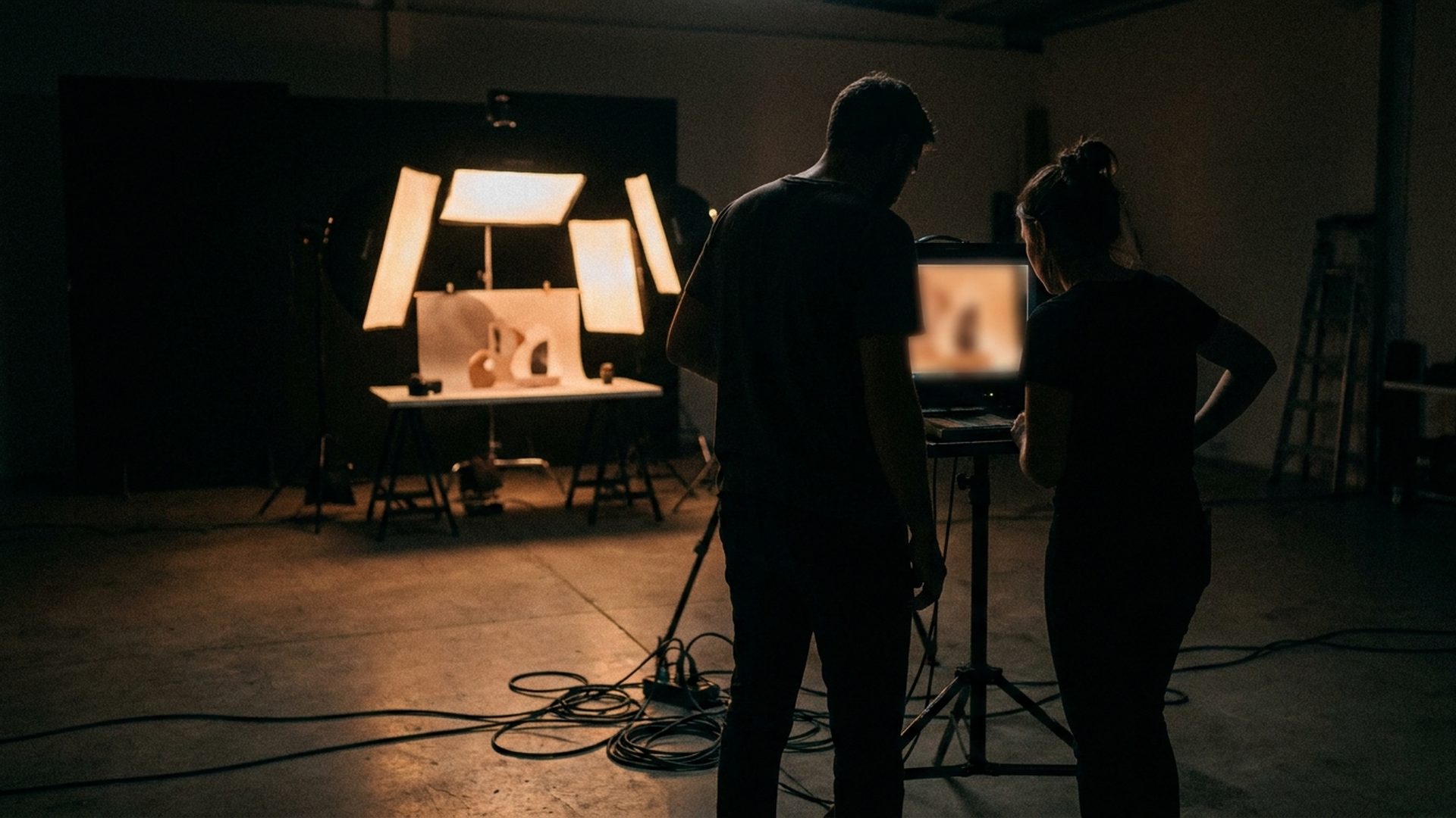 A silhouetted film crew reviewing product footage on a monitor at a dark studio set
