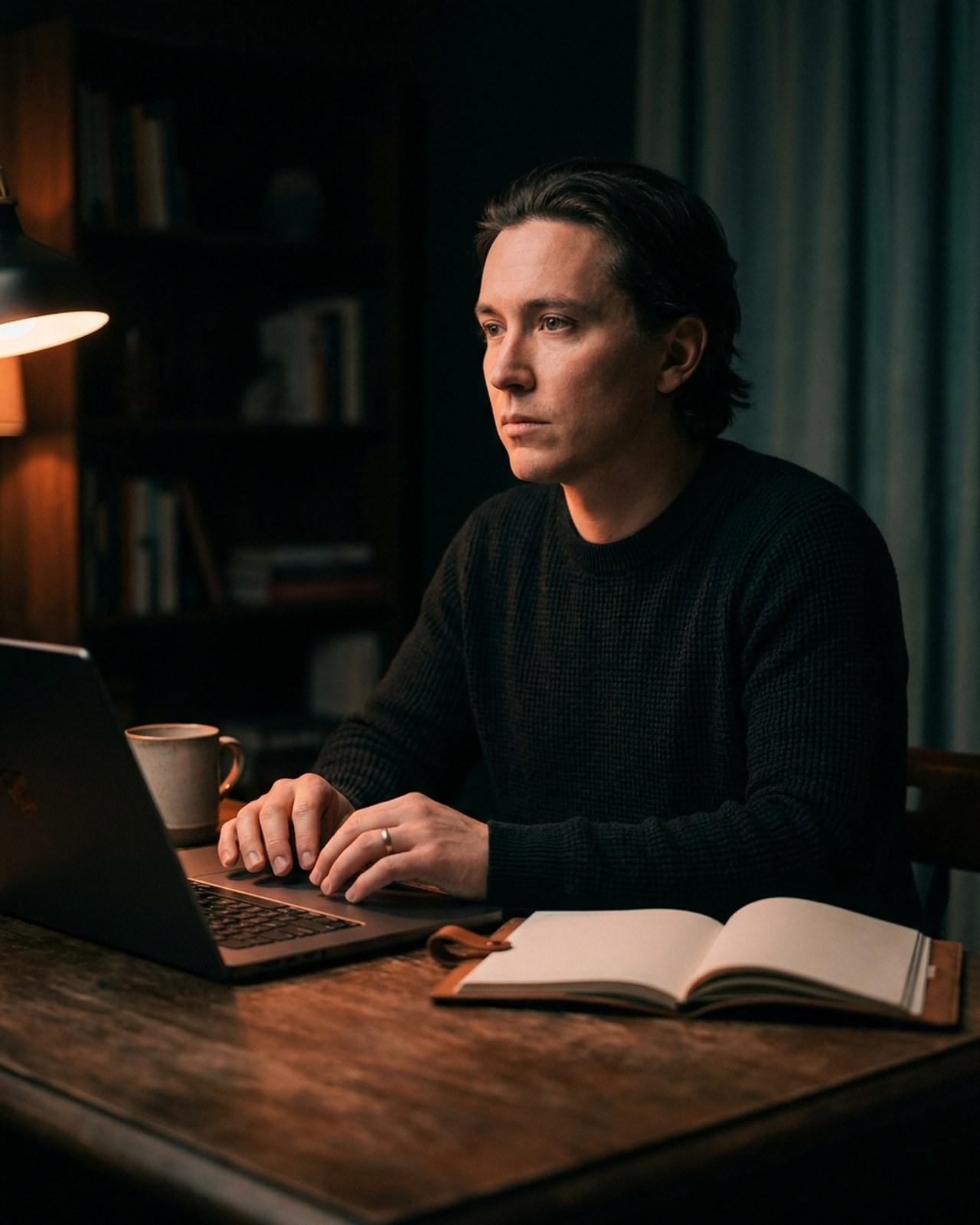 A writer drafting page copy at a desk in a dark warm studio