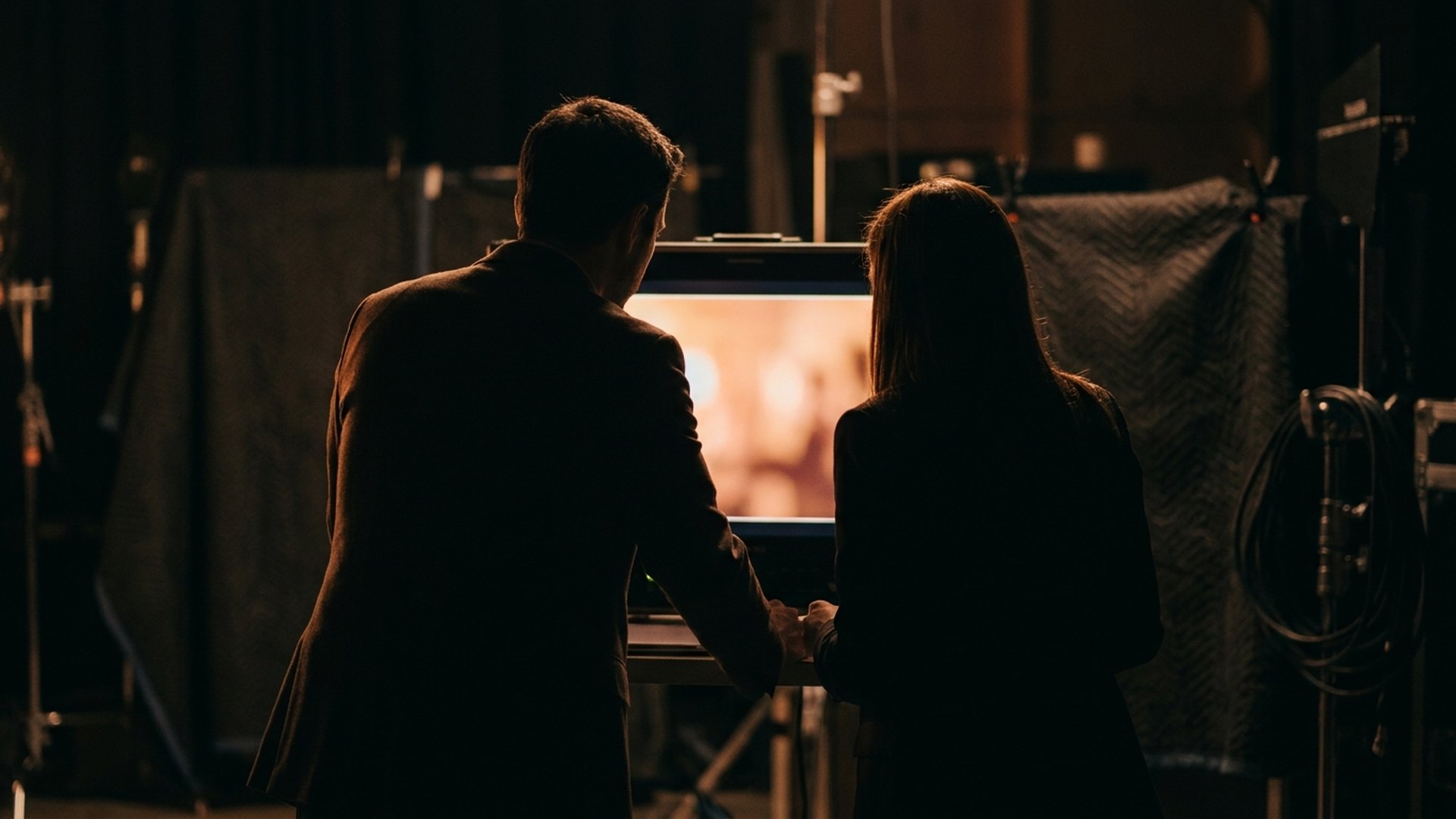 A director and DoP reviewing an advert playback on a monitor at a dark studio set.
