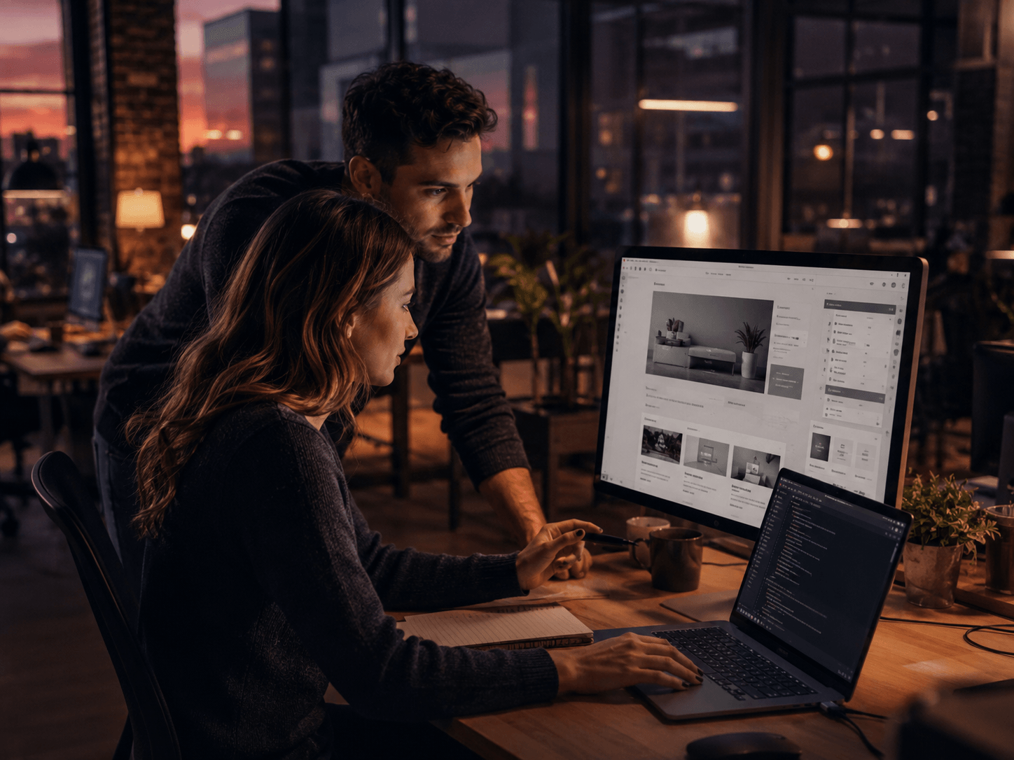 Two colleagues reviewing a website in a content management system on a large monitor in a warm-lit studio at dusk.