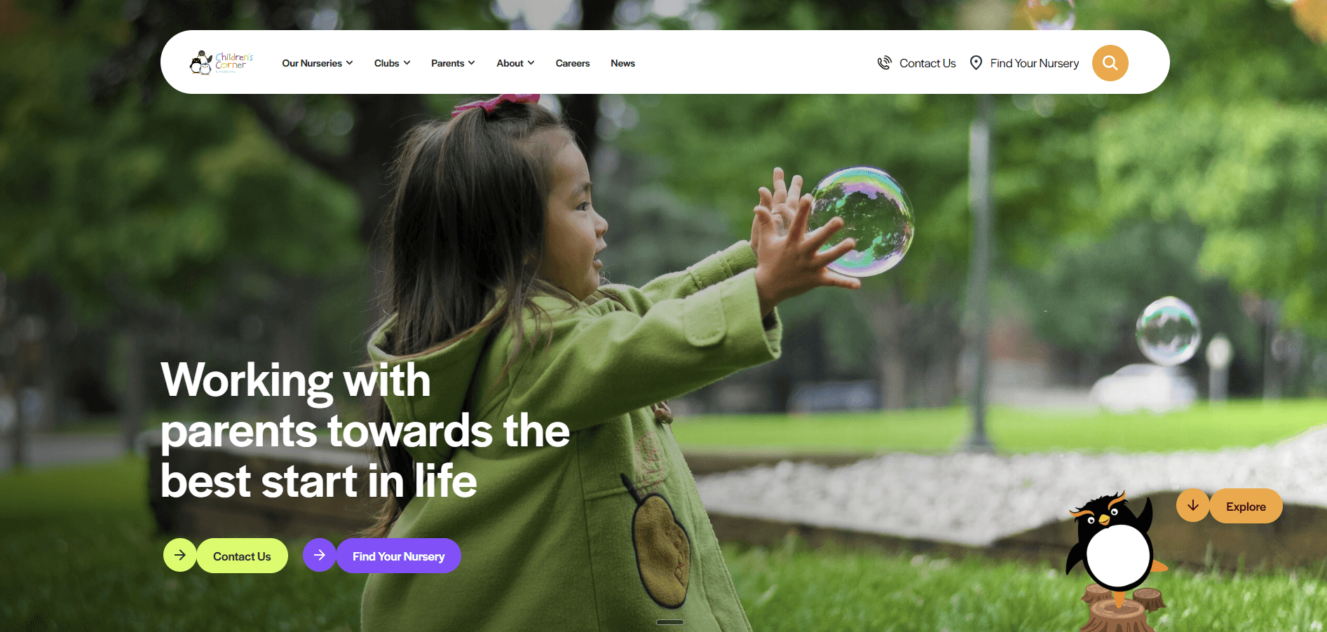 The redesigned Children's Corner Childcare website homepage.