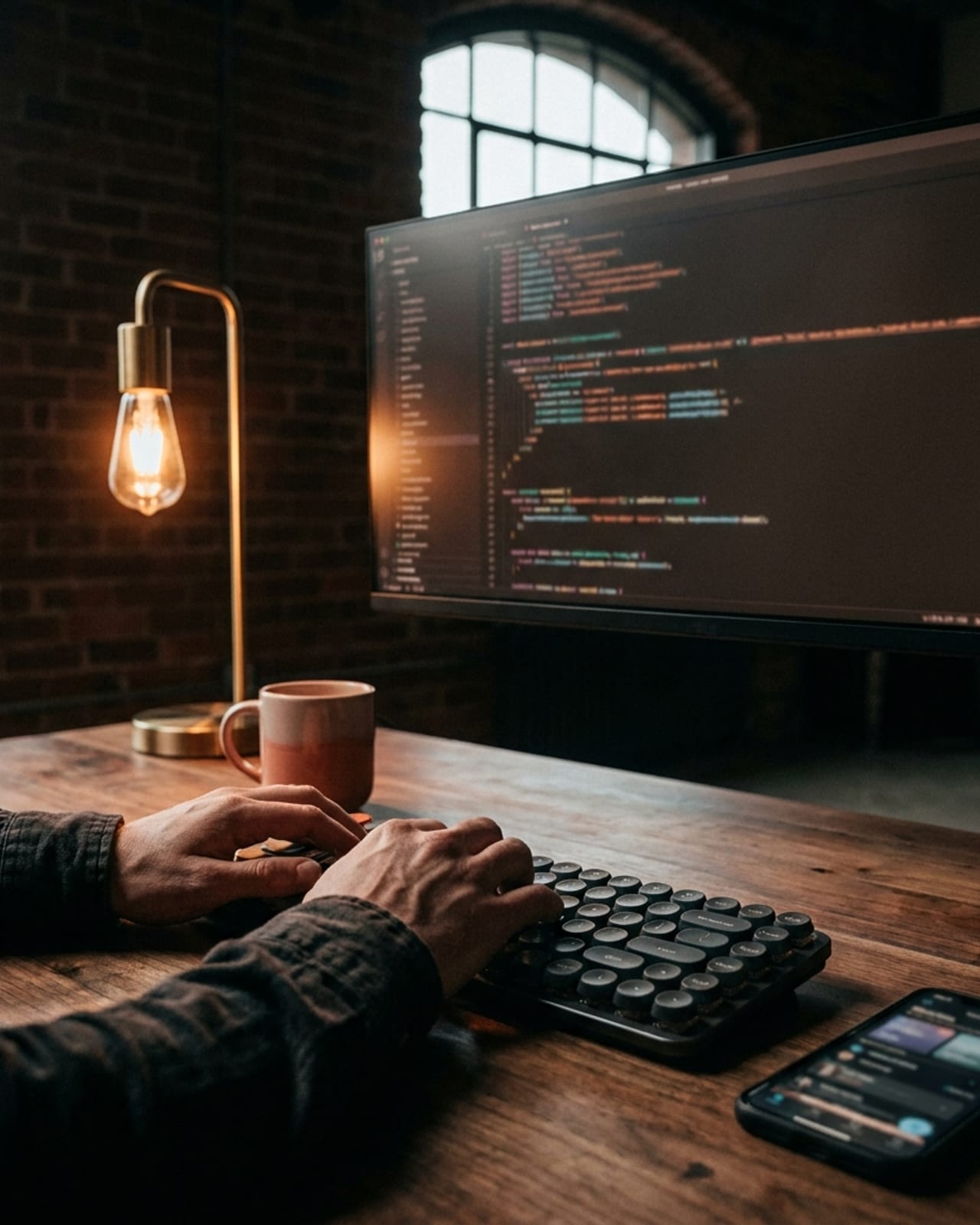 A developer's hands on a mechanical keyboard, code on the monitor in a warm-lit Leeds studio.