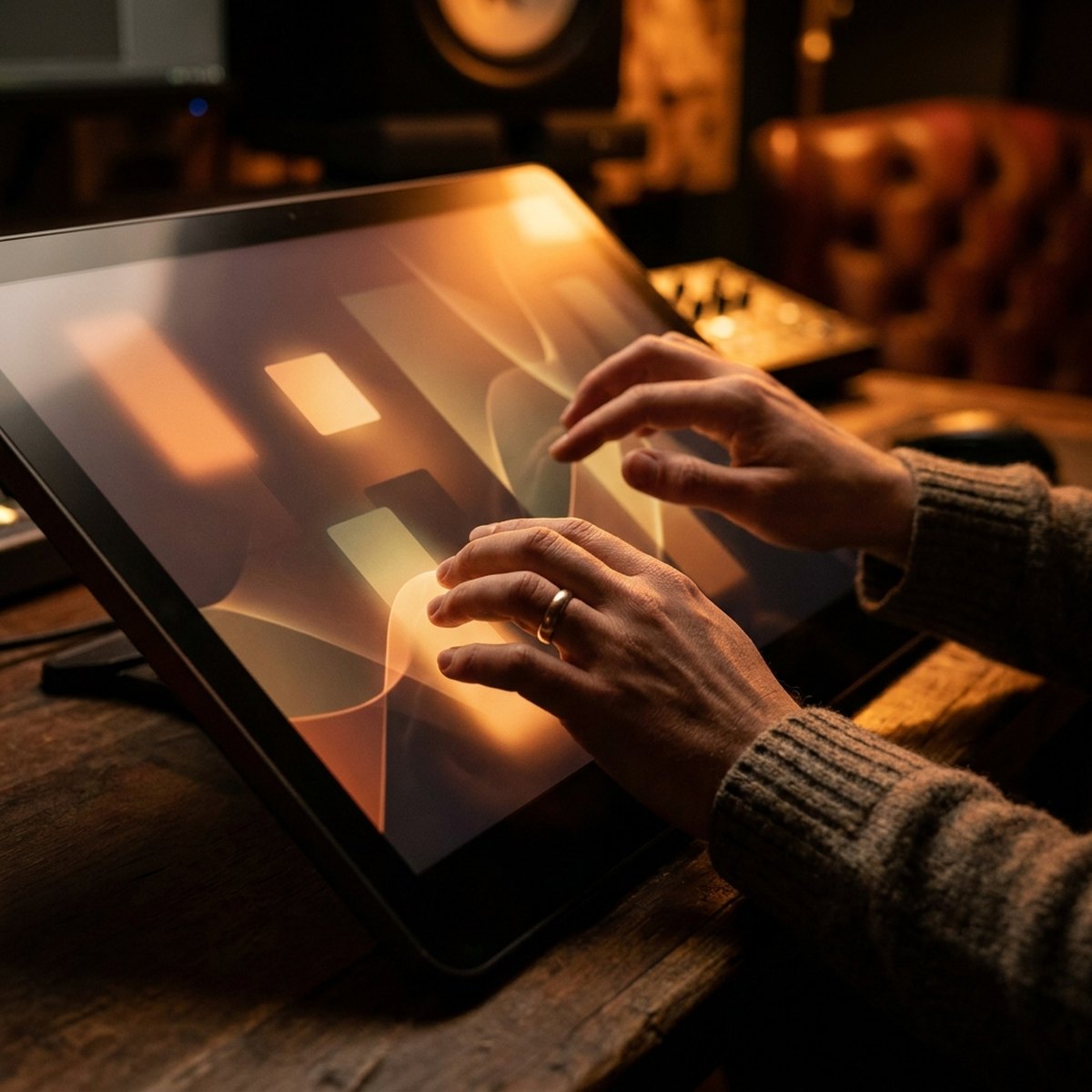 A designer shaping a website layout on screen in a dark warm-lit studio.