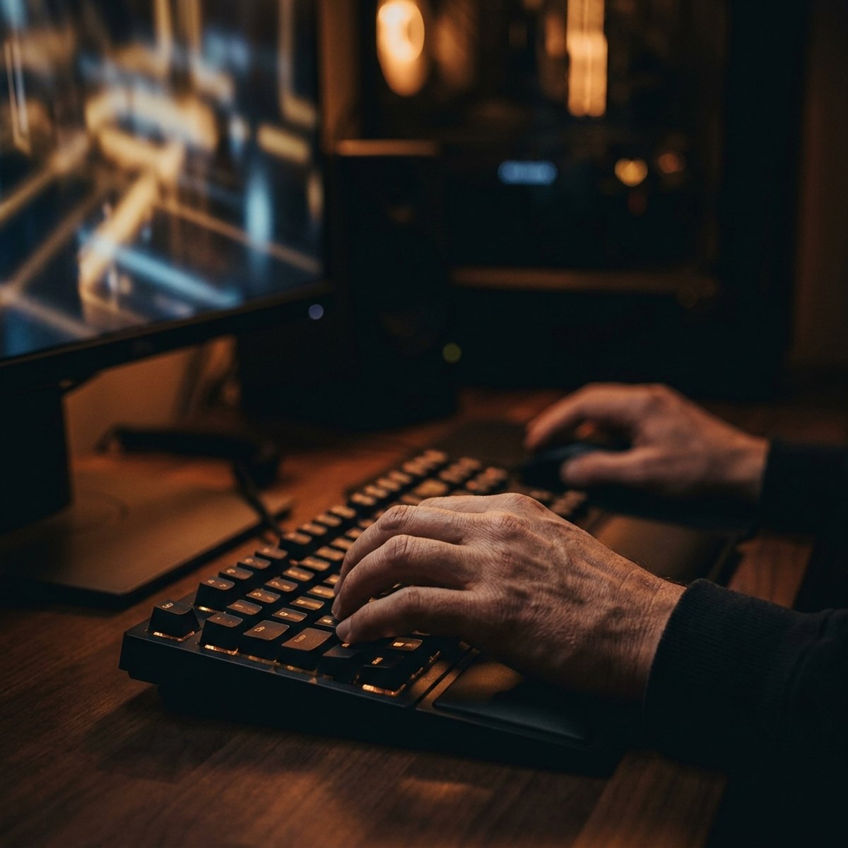 Code on a monitor glowing warm in a dark studio, mid-build.