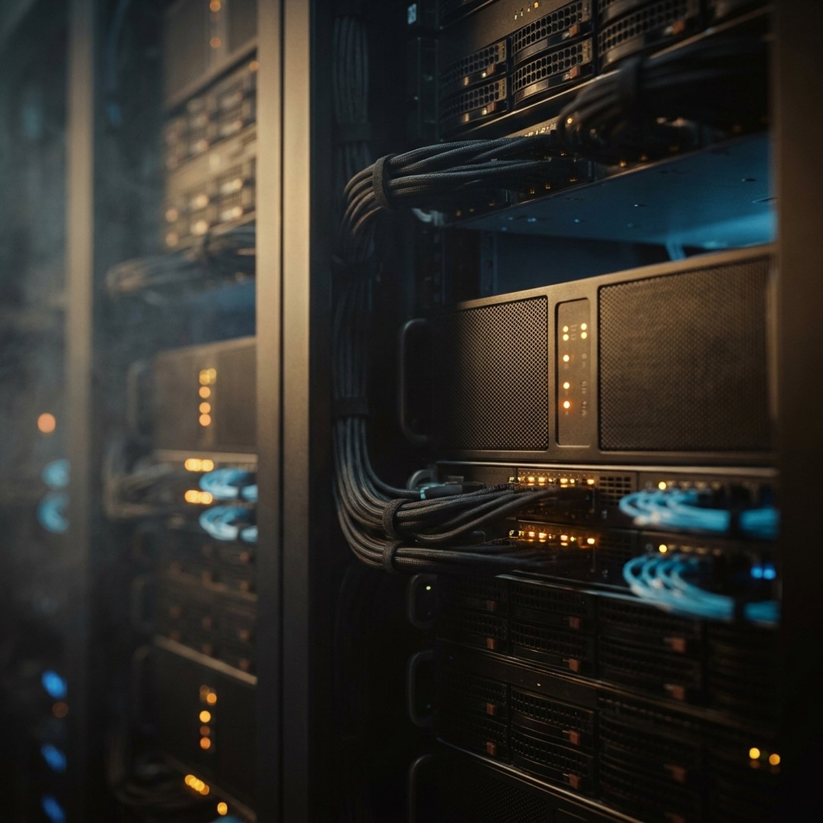 Server and network hardware lit by warm indicator lights in a dark rack room.