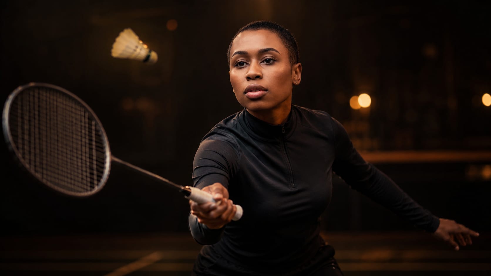Colette George playing badminton, reaching to return a shuttlecock with her racket on a darkened court.