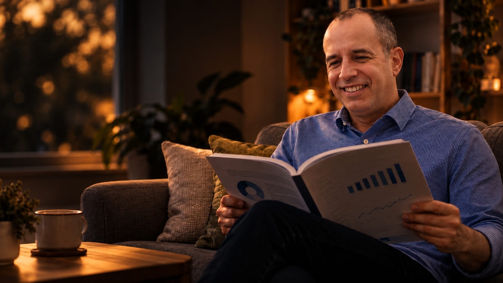 Dan Lezcano reading a printed report full of charts on a sofa in a warm, lamp-lit living room.