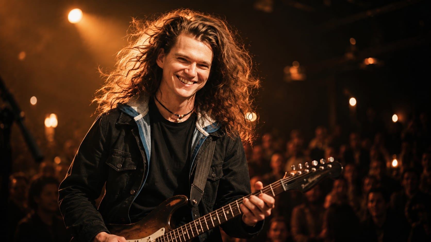 Dec Van Riel playing electric guitar on stage in front of a crowd under warm concert lighting.
