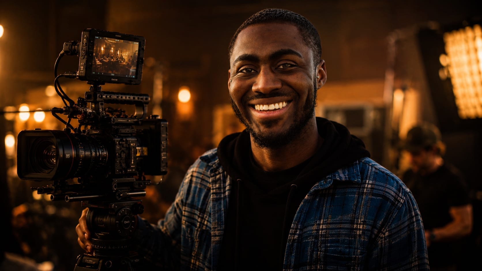 Demont Stapleton-Rawlins on a film set behind a cinema camera rig, smiling amid the crew and lighting.