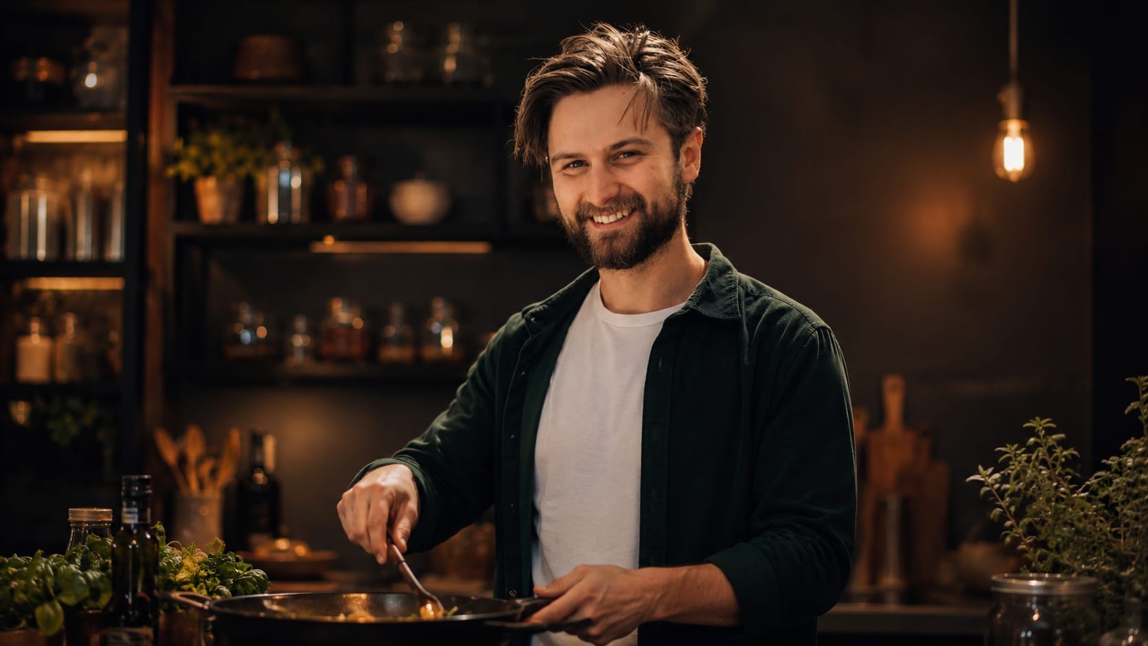 James Bancroft cooking at the stove in a moody kitchen, stirring a pan surrounded by fresh herbs.