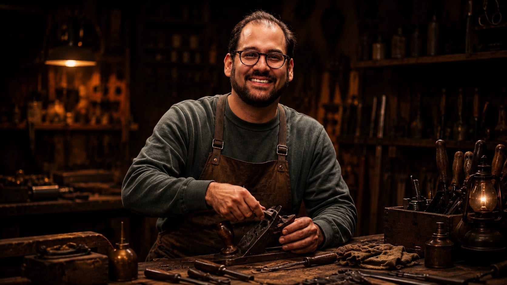 Nick Ioannou restoring a vintage hand plane at a workbench in a lamplit woodworking workshop.