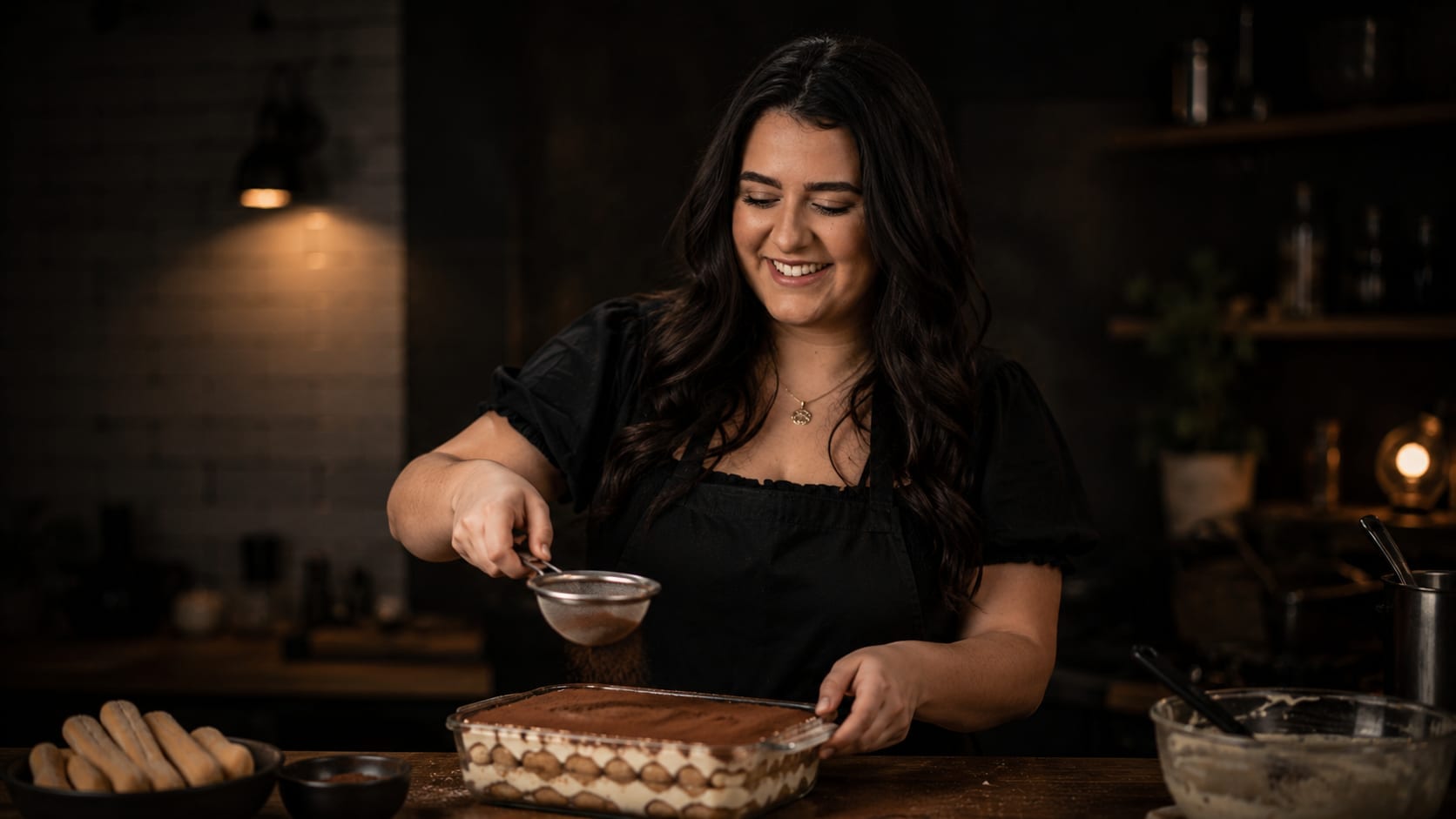 Rachel Scahill dusting cocoa over a homemade tiramisu in a warmly lit rustic kitchen.
