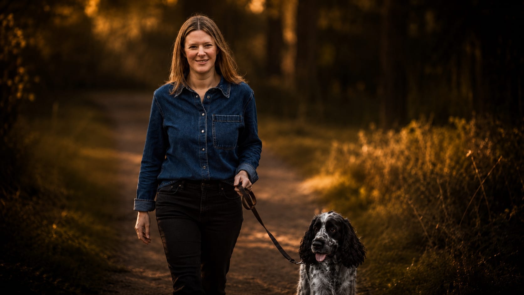 Sarah Leeds walking her springer spaniel along a woodland path at golden hour.