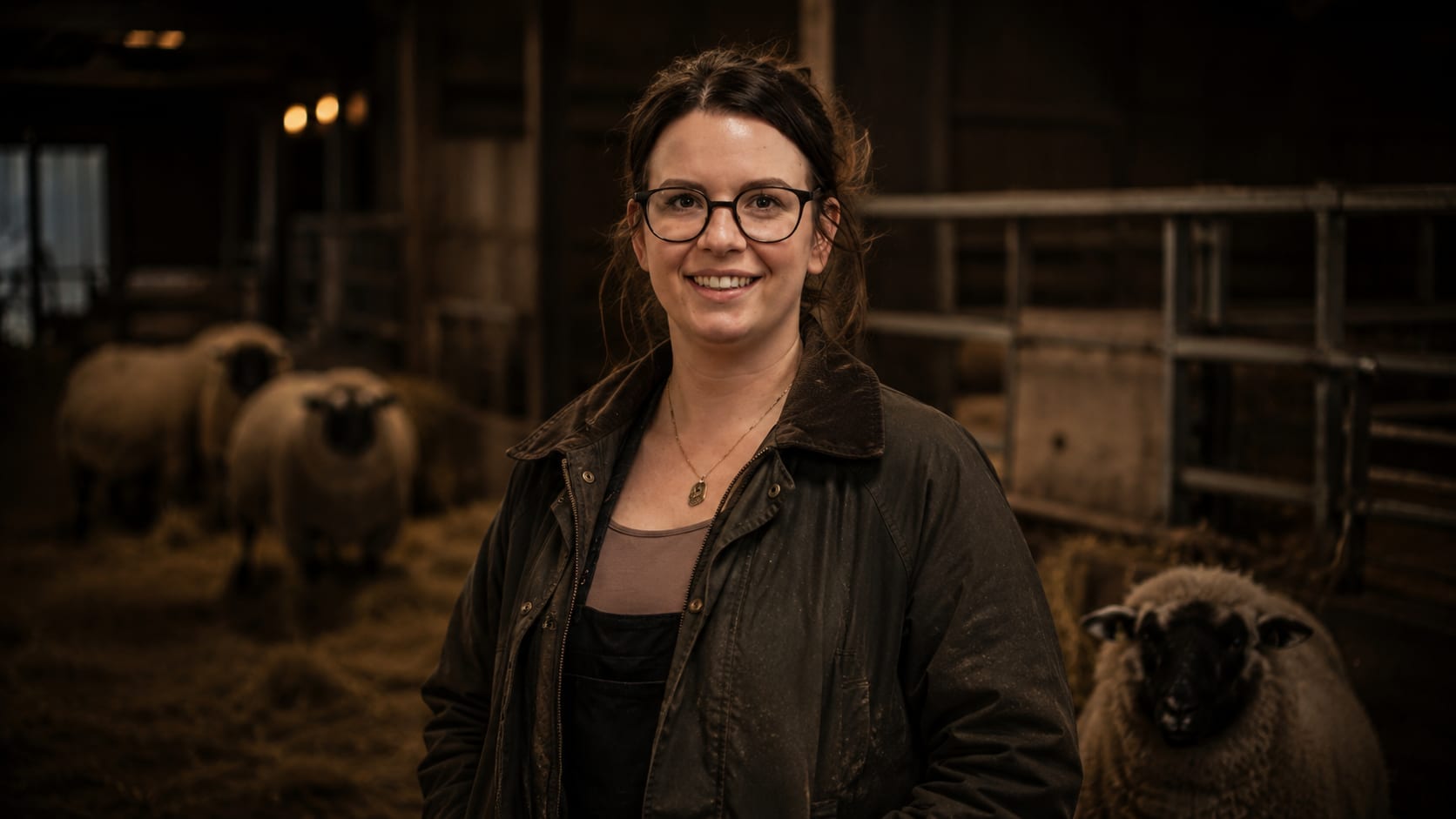 Shona Woodhead standing among her sheep in a barn, wearing a waxed jacket.