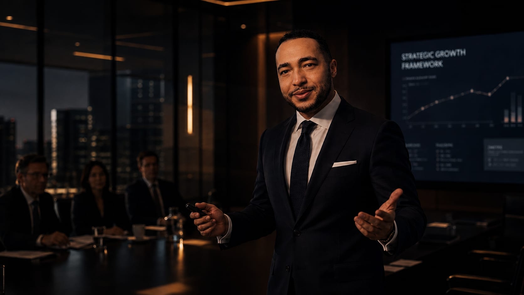Zac Evans presenting a growth strategy to colleagues in a boardroom at night with a city skyline behind him.